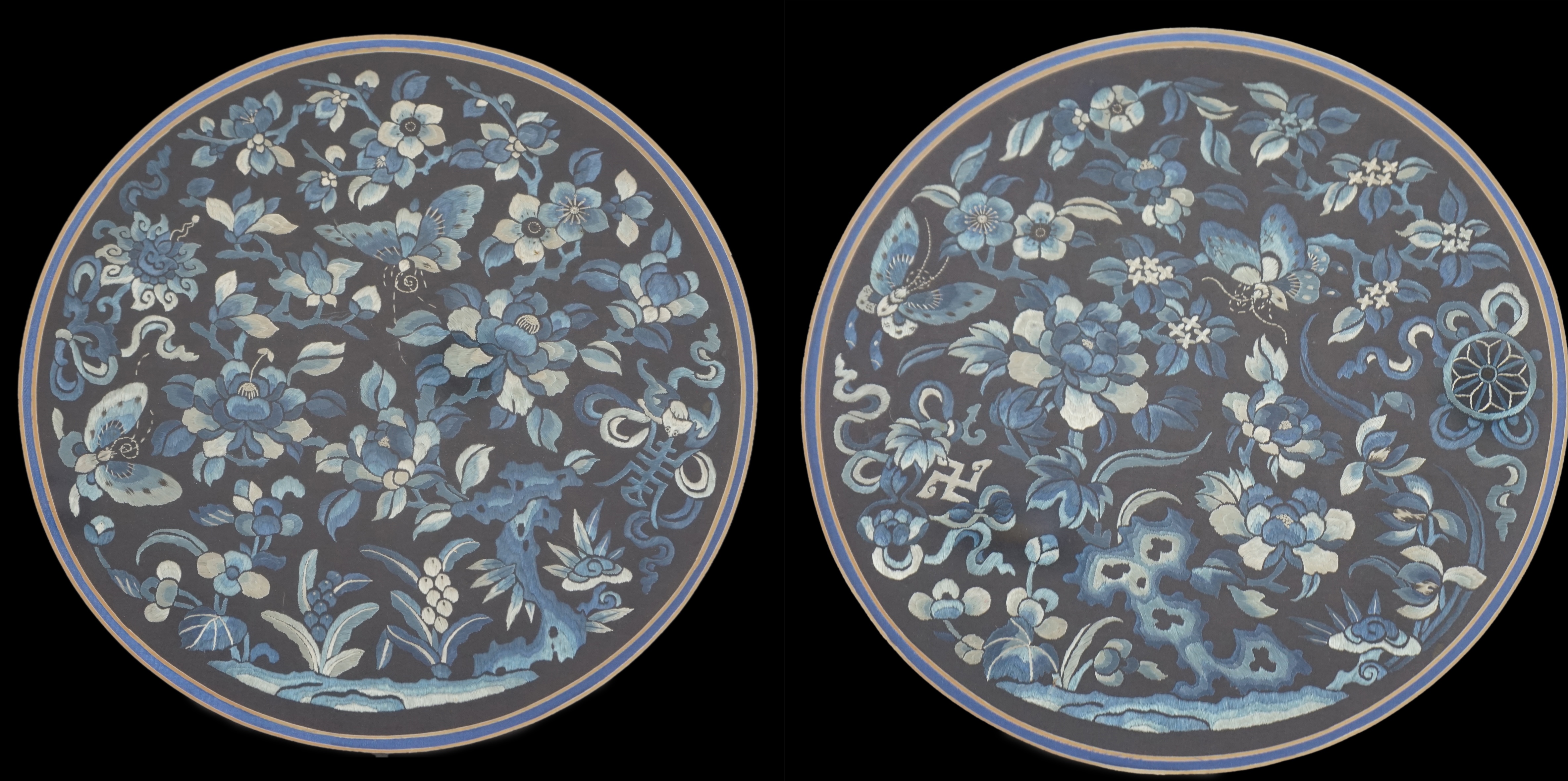 A pair of Chinese embroidered silk roundels, mid 19th century